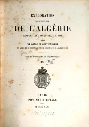 Exploration Scientifique De L'Algérie Pendant Les Années 1840, 1841, 1842. 8