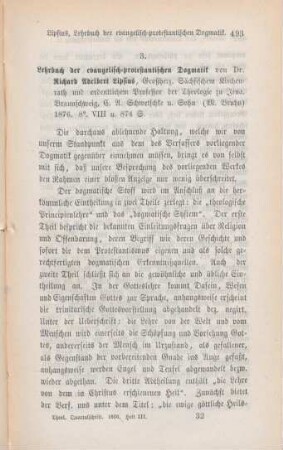 493-499 [Rezension] Lipsius, Richard Adelbert, Lehrbuch der evangelisch-protestantischen Dogmatik
