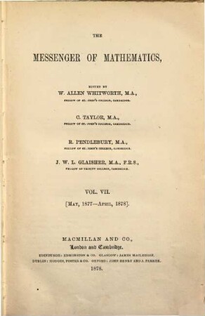 Messenger of mathematics, 7. 1877/78 (1878), Mai - Apr.