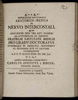 Dissertatio Inauguralis Anatomico-Medica De Nervo Intercostali