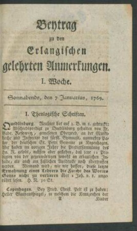 I. Woche (7. Januarius 1769)-LII. Woche (30. December 1769): Beytrag zu den Erlangischen gelehrten Anmerkungen