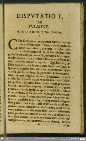 Disputatio I, De Fulmine, A. CIƆ IƆ IƆ CC IIX, v Non. Martias