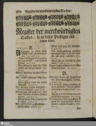 Register der merckwürdigsten Sachen, so in disen Predigen enthalten seynd