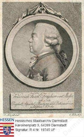 Moser, Friedrich Karl Reichsfreiherr v. (1723-1798) / Porträt, linkes Profil-Brustbild in Medaillon mit Sockelinschrift