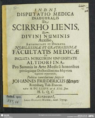 Disputatio Medica Inauguralis De Scirrho Lienis