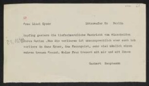 Brief von Gerhart Hauptmann an Lissi Kyser