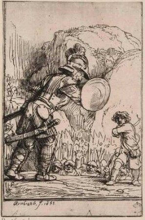 Vier Darstellungen zu einem spanischen Buch: David und Goliath