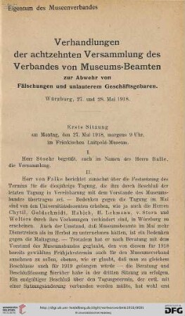 18: Verhandlungen der ... Versammlung des Verbandes von Museums-Beamten zur Abwehr von Fälschungen und Unlauterem Geschäftsgebaren