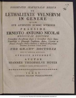 Dissertatio Inauguralis Medica De Lethalitate Vulnerum In Genere