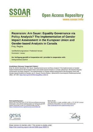Rezension: Arn Sauer: Equality Governance via Policy Analysis? The Implementation of Gender Impact Assessment in the European Union and Gender-based Analysis in Canada