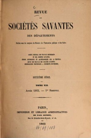 Révue des sociétés savantes des départements. 1862, Sémestre 1 = T. 7