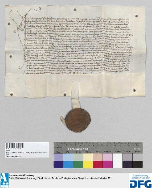 Wernher von Parsperg, Schultheiß, und die Schöffen der Stadt Nürnberg beurkunden, dass Anna, Hannsen Grasers Witwe, ihren Anteil an dem Gostenhof, an den Häusern an der Lodergasse und den Gütlein zu Lauffenholtz an Erhart Schurstab, Pfleger des Neuen Spitals, verkauft habe. - Siegler: das Stadtgericht.