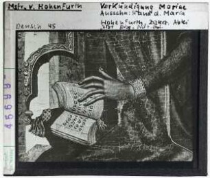 Meister von Hohenfurth: Verkündigung, Hand der Maria. Prag, Nationalgalerie