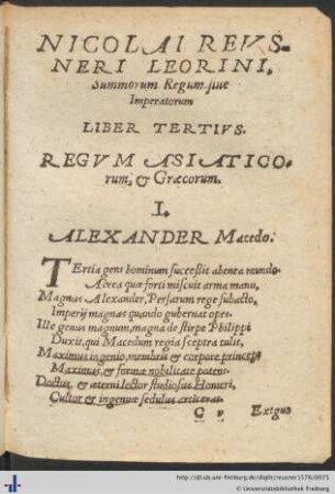 Nicolai Reusneri Leorini Summorum regum Liber Tertius.