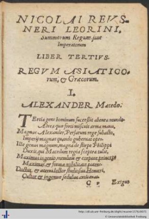 Nicolai Reusneri Leorini Summorum regum Liber Tertius.