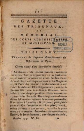 Gazette des tribunaux et mémorial des corps administratifs et municipaux. 6. 1792/93 (1793), 1. Okt. - 1. März