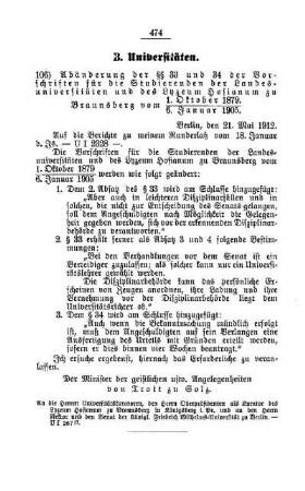 Abänderung der §§ 33 und 34 der Vorschriften für die Studierenden der Landesuniversitäten und des Lyzeum Hosianum zu Braunsberg vom 1. Oktober 1879 / 6. Januar 1905 : [B. Universitäten]