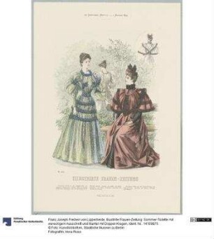 Illustrirte Frauen-Zeitung: Sommer-Toilette mit viereckigem Ausschnitt und Mantel mit Doppel-Kragen