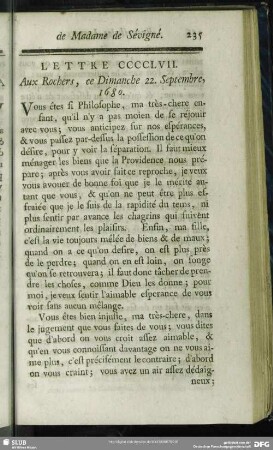 Lettre CCCCLVII. Aux Rochers, ce Dimanche 22. Septembre, 1680