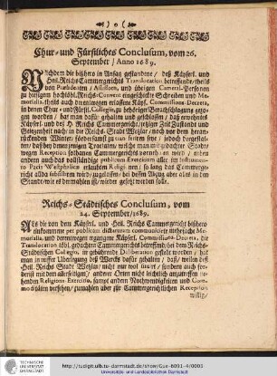 Chur- und Fürstliches Conclusum vom 26. September Anno 1689