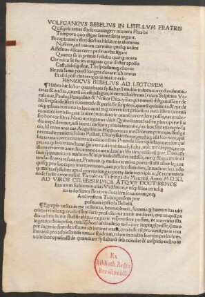 Wolfgangus Bebelius In Libellum Fratris