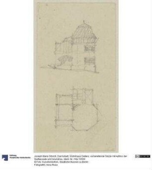Darmstadt, Wohnhaus Deiters, vorbereitende Skizze mit Aufriss der Südfassade und Grundriss