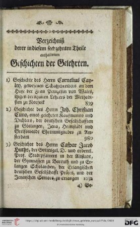 Verzeichniß derer in diesem sechzehnten Theile enthaltenen Geschichten der Gelehrten