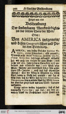 Folget nun eine Beschreibung der sonderbaren Merckwürdigkeiten des dritten Theils der Welt / oder: Von America insgemein / und dessen Geographischen und Politischen Eintheilung