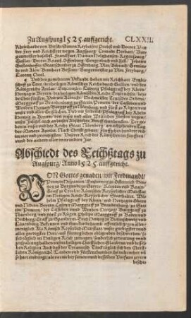 Abschiedt des Reichßtags zu Augspurg/ Anno 1525. auffgericht.
