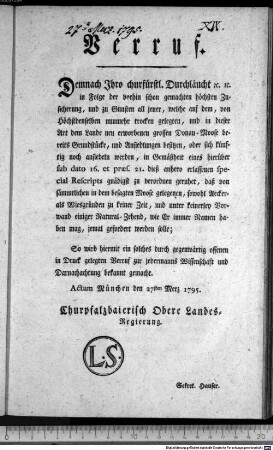Verruf. : Actum München den 27ten Merz 1795. Churpfalzbaierisch Obere Landes-Regierung. Sekret. Hauser.
