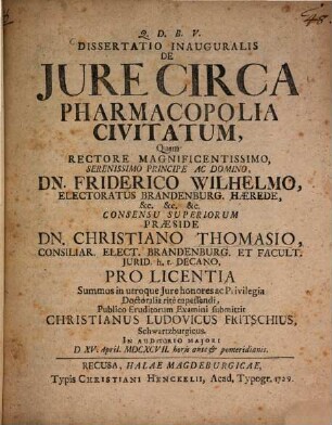 Dissertatio Inauguralis, De Jure Circa Pharmacopolia Civitatum