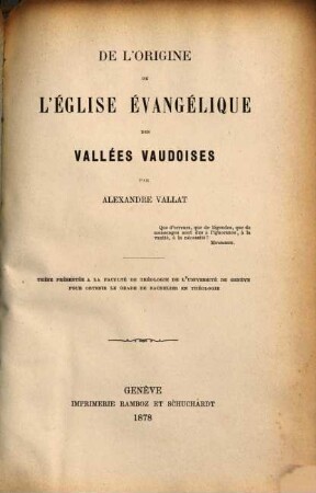 De l'origine de l'église évangélique des vallées vaudoises : (Inauguraldissertation.)