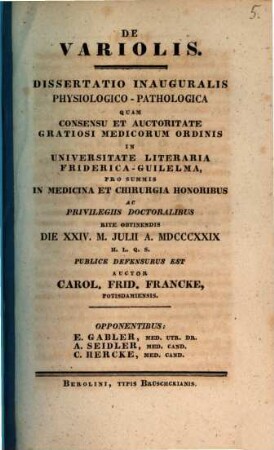 De variolis : Diss. inaug. physiol. pathol.