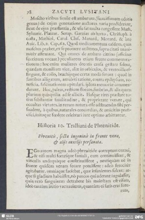 Historia 10. Tralliani de Phrenitide. Phrenitis, secta ingeniose in fronte vena & aliis auxiliis persanata