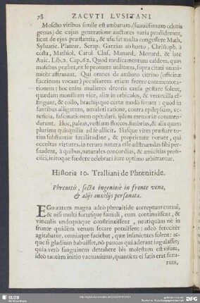 Historia 10. Tralliani de Phrenitide. Phrenitis, secta ingeniose in fronte vena & aliis auxiliis persanata