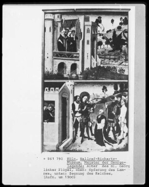 Die Geschichte des heiligen Georg / Georgsaltar — Die Geschichte des heiligen Georg — Die Stadt Silena unter der Bedrohung des Drachen / Verabschiedung der Prinzessin und Opferung des Lammes