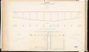 Hochofenanlage mit Verbindungsbahn Schinkelwettbewerb 1863: Eisenbahnbrücke: Lageplan des Bauplatzes, Pfeilergrundrisse, Aufriss Seitenansicht; Maßstabsleiste, 2 Konstruktionsdiagramme