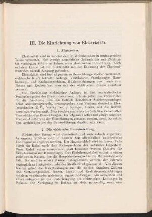 III. Die Einrichtung von Elektrizität.