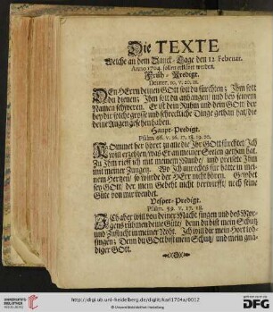 Die Texte welche an dem Danck = Tage den 12. Februar. Anno 1704 sollen erkläret werden