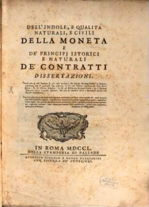 Dissertazioni dell'indole e qualita naturali e civili della Moneta