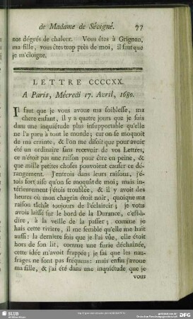 Lettre CCCCXX. A Paris, Mécredi 17. Avril, 1680