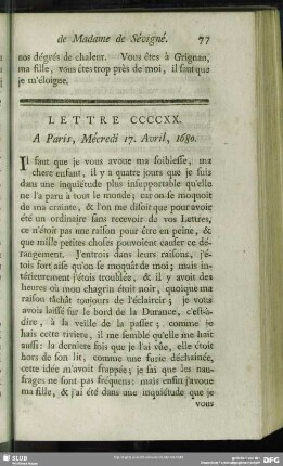 Lettre CCCCXX. A Paris, Mécredi 17. Avril, 1680