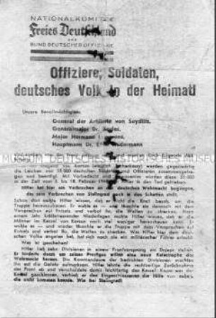 Abwurf-Flugblatt des Bundes Deutscher Offiziere mit einem Aufruf zur Kapitulation