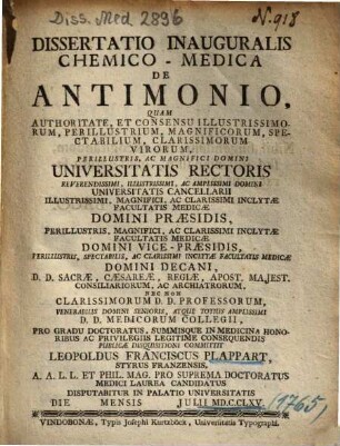 Dissertatio Inauguralis Chemico-Medica De Antimonio