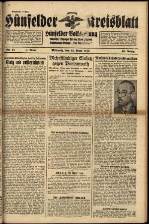 Erste Ausgabe vom Mittwoch, den 12. März 1941.