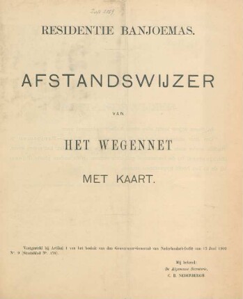 Afstandswijzer van het wegennet : residentie Banjoemas ; met kaart