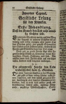 Erste Abhandlung. Daß der Krancke den Tod nicht unmässig förchten solle.