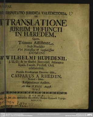 Disputatio Iuricicade Valedictoria, De Translatione Iurium Defuncti In Haeredem