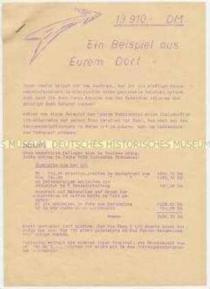 Flugblatt der Brigade der Arbeiterklasse Königshofen mit Informationen zur finanziellen Lage der Genossenschaftsbauern, für Eintritt in die LPG