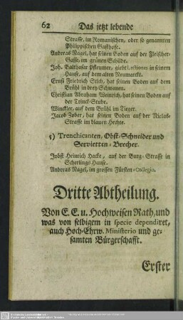 Dritte Abtheilung. Von C.C. u. hochweisen Rath, und was von selbigem in specie dependiret, auch hoch-Ehrw. Ministerio und gesamten Bürgerschaft